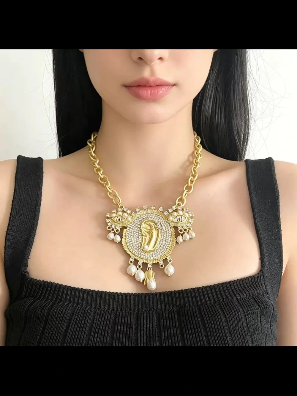 Gold-Tone Statement Pendant Necklace with Pearl Drops